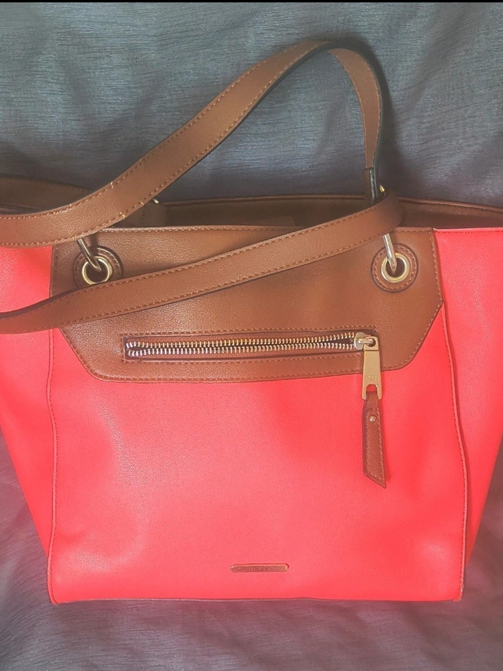 Chaps Red and Brown Tote with Gold Hardware